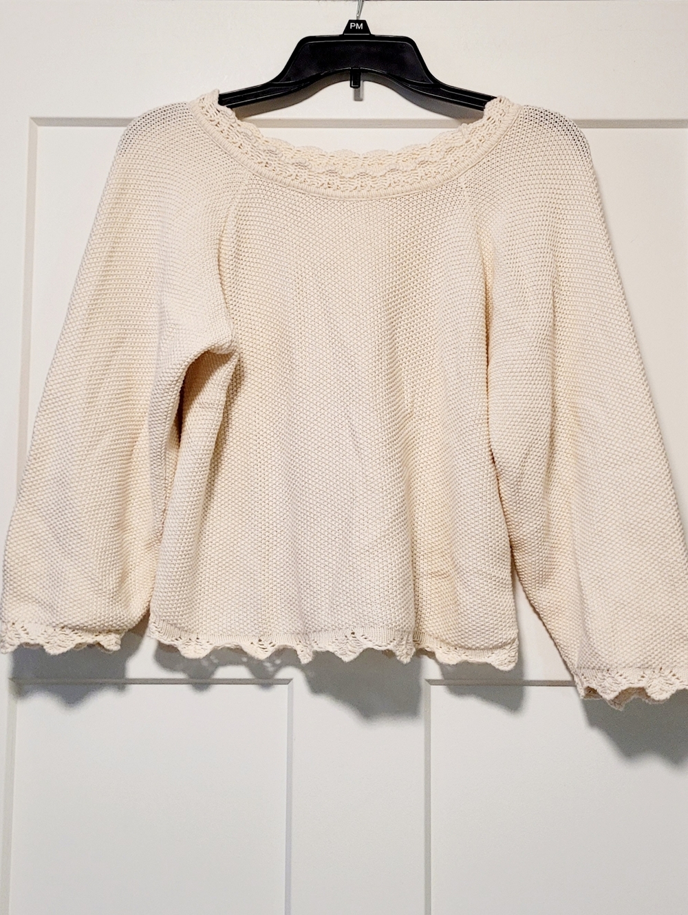 Womens Knitted Crochet Cropped Sweater M Knit Lace Trim Cream Feminine Boho
